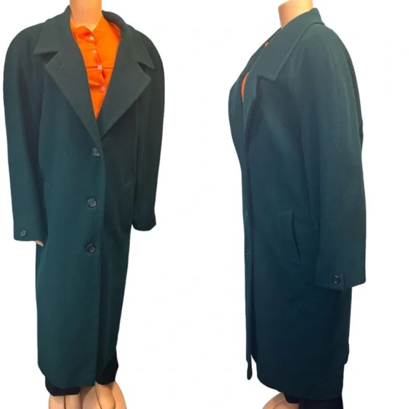 Vintage Wool Coat Long Green Notched Lapel International Scenelined size 16